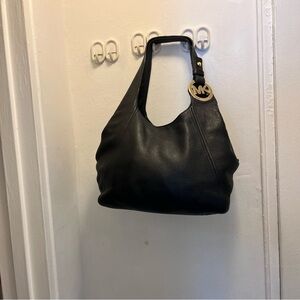Michael Kors Black large Pebbled Leather Shoulder Bag with Gold MK Charm